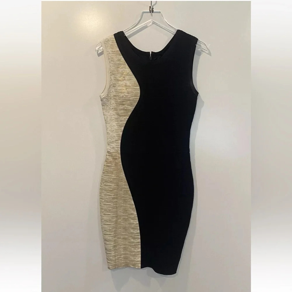 Mac Duggal Black Gold Colorblock Bandage‎ Bodycon Mini Dress Cocktail Size 4